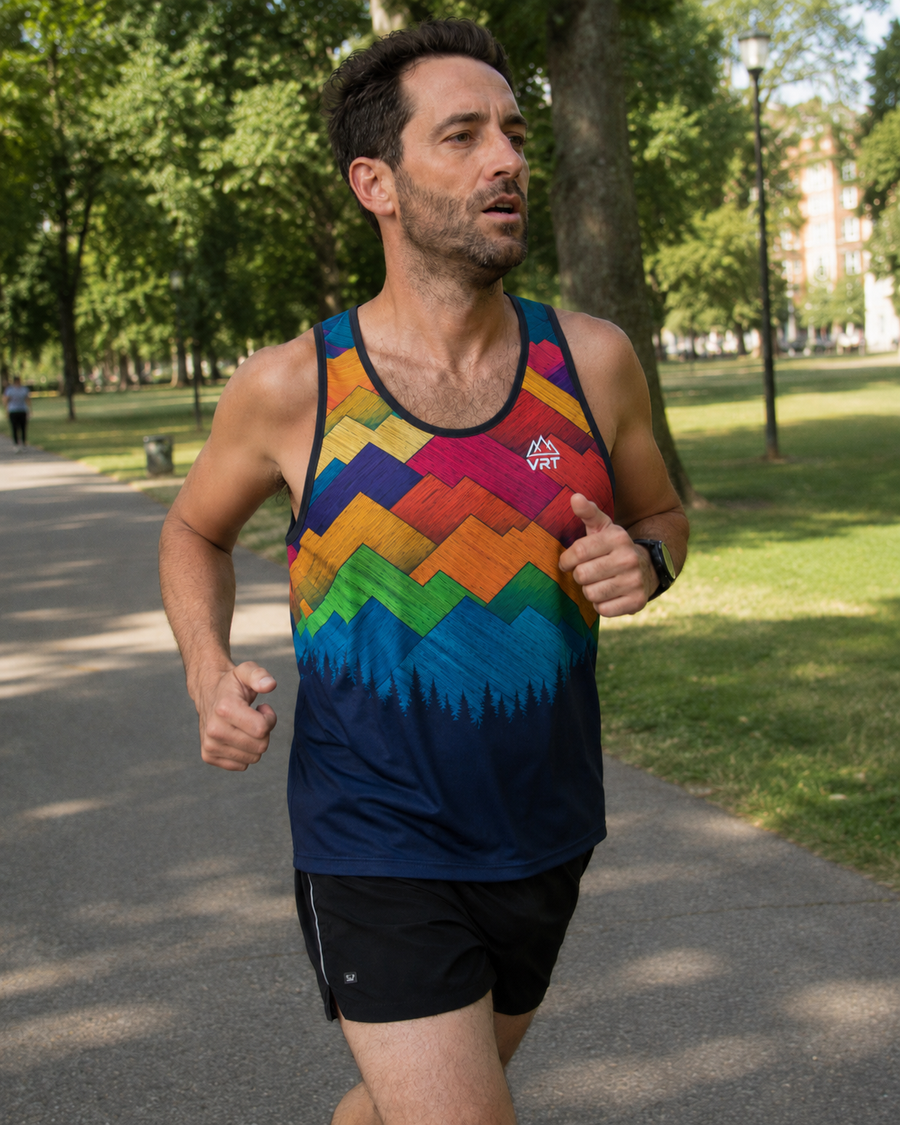 A man jogging on a tree-lined path wearing a sleeveless athletic tank top with a colorful geometric mountain pattern and black running shorts.
