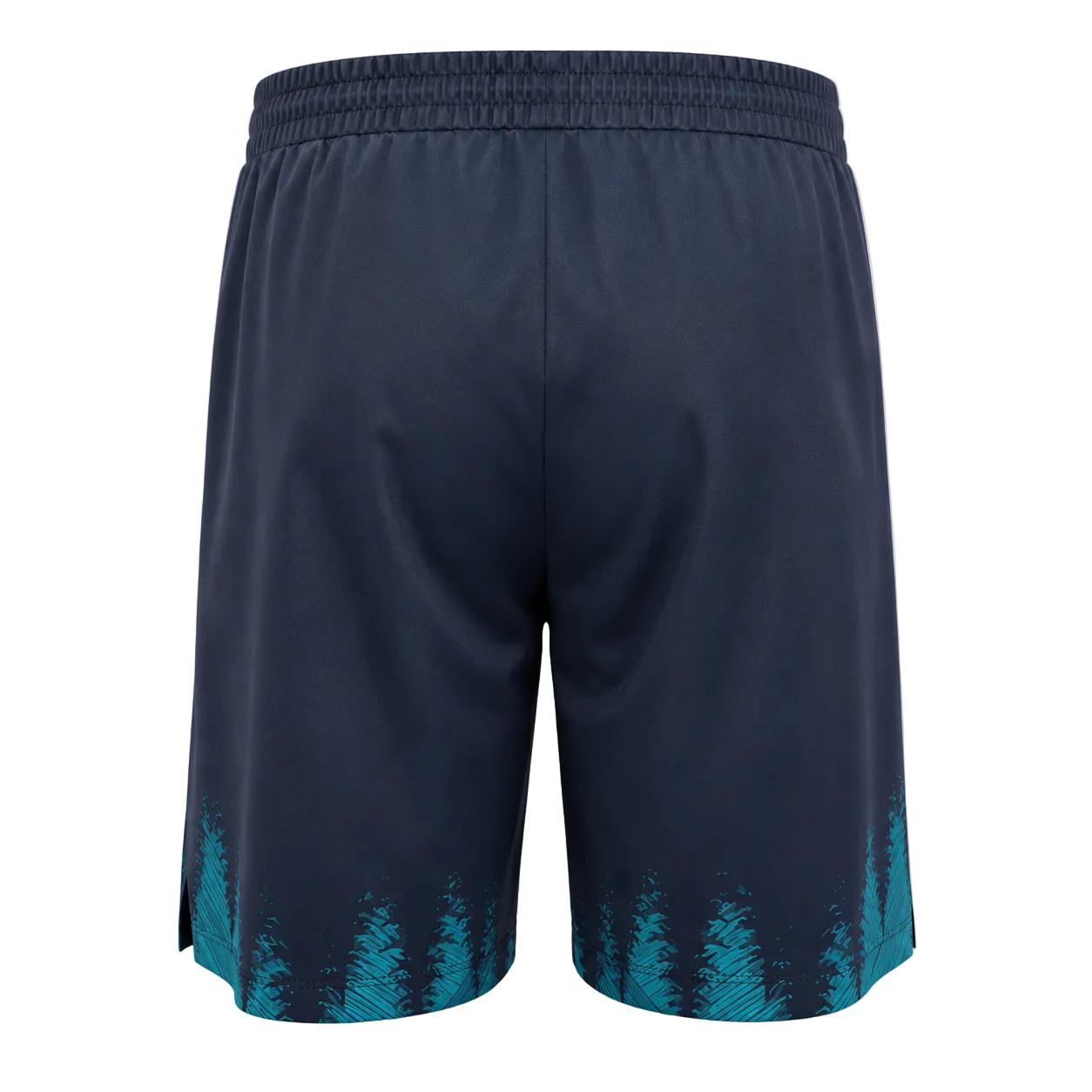 A pair of navy blue athletic shorts with a teal pine tree pattern along the bottom hem, shown from the back on a white background.