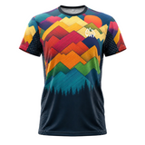 A short-sleeve athletic t-shirt featuring a colorful geometric mountain pattern with a white VRT logo on the chest, displayed on a clean white background.